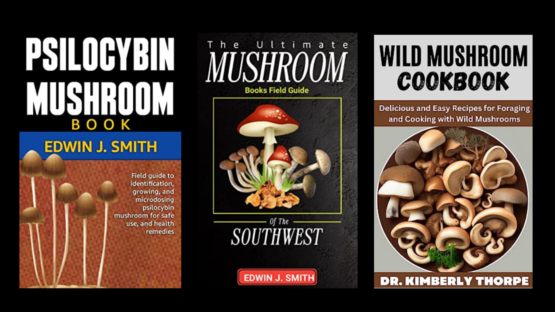 Three books suspected of being AI-generated, according to the detection tools 404 Media used. Psilocybin Mushroom Book by Edwin J. Smith; The Ultimate Mushroom Books Field Guide by Edwin J. Smith; Wild Mushroom Cookbook by Dr. Kimberly Thorpe