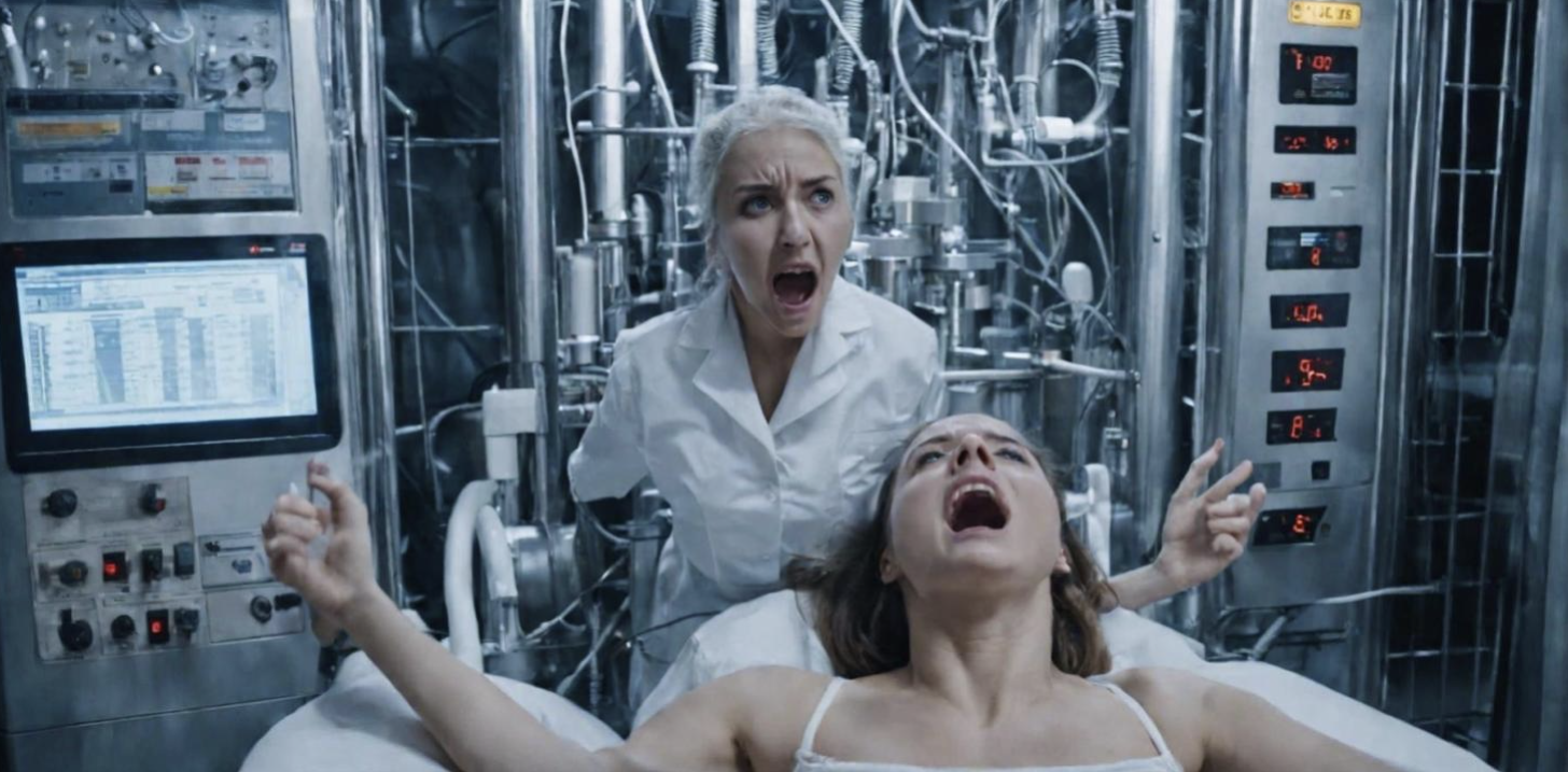 An AI-generated image from the other-nsfw Discord showing a woman screaming on an operating table and a nurse screaming above her.