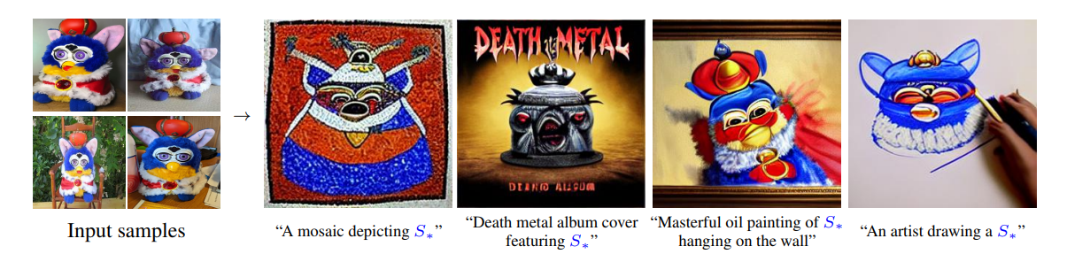 A screenshot from a research paper showing how an image-generating AI can create images of a Furby in different styles, including mosaic, oil painting, and death metal album cover.