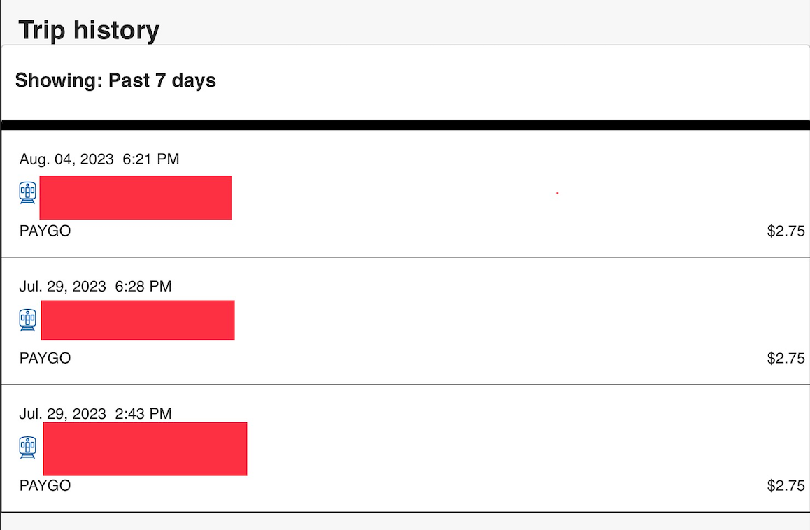 A redacted example of OMNY's trip history feature