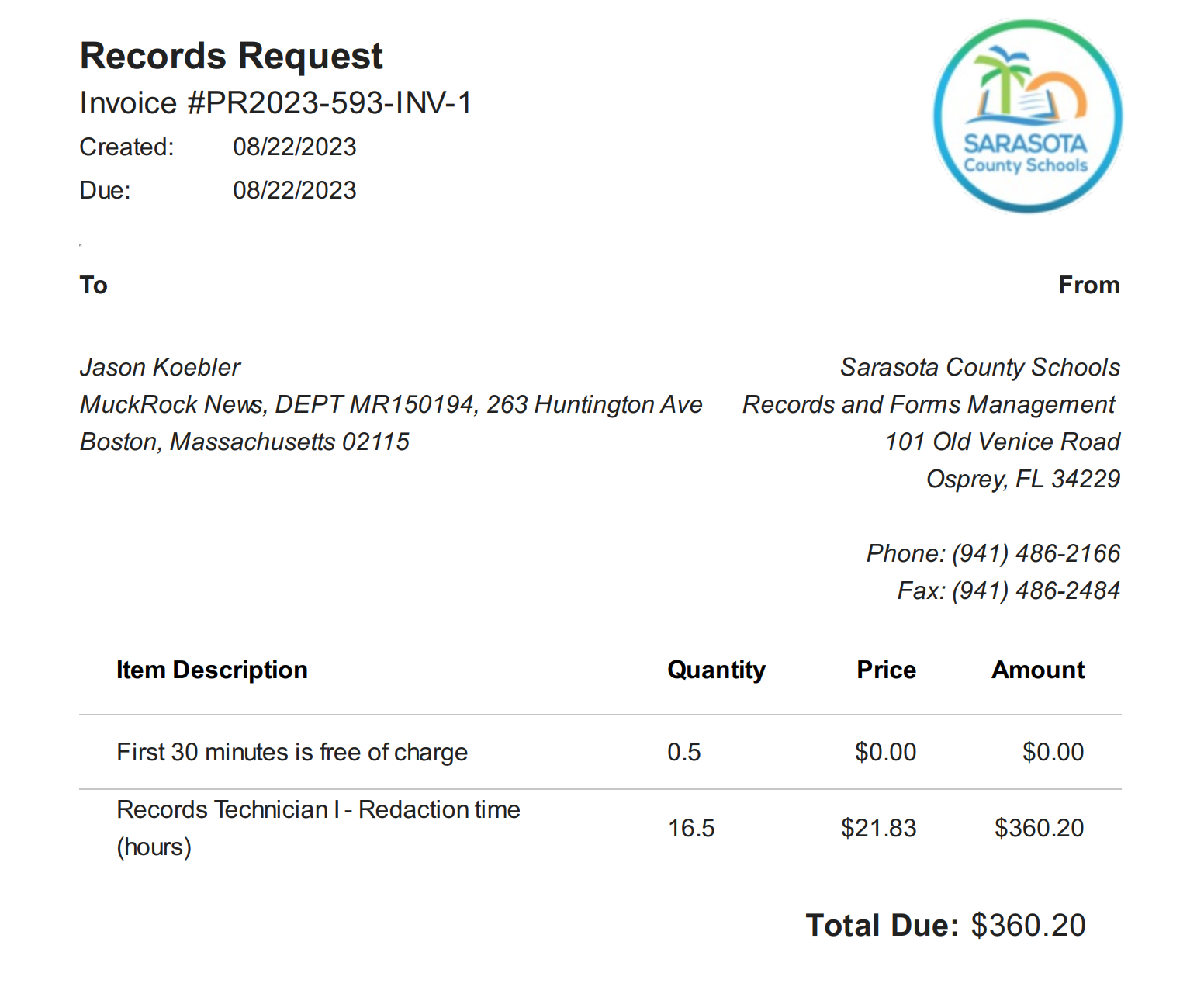 Sarasota County Schools wants $360.20 to redact documents that it initially told me it it didn't even have.