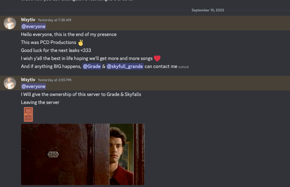 A screenshot from the Discord showing Wxytiv leaving.