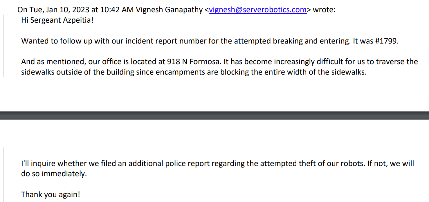 A screenshot of an email about homeless encampments blocking sidewalks near Serve's office.