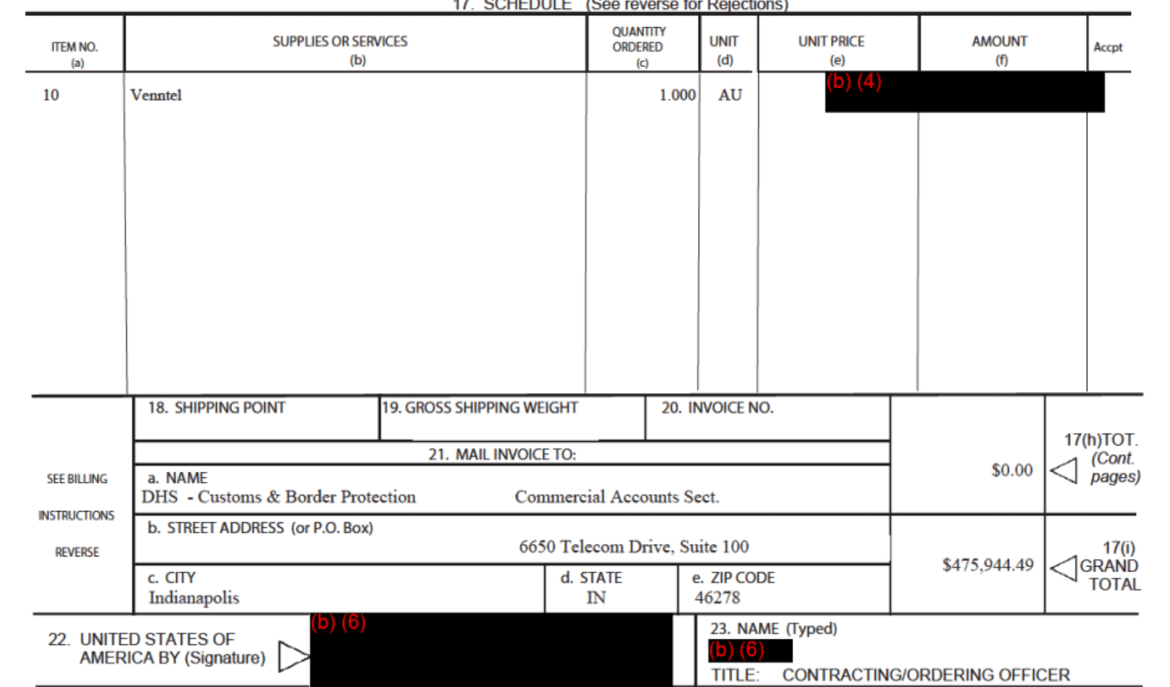 A screenshot of a CBP Venntel contract.
