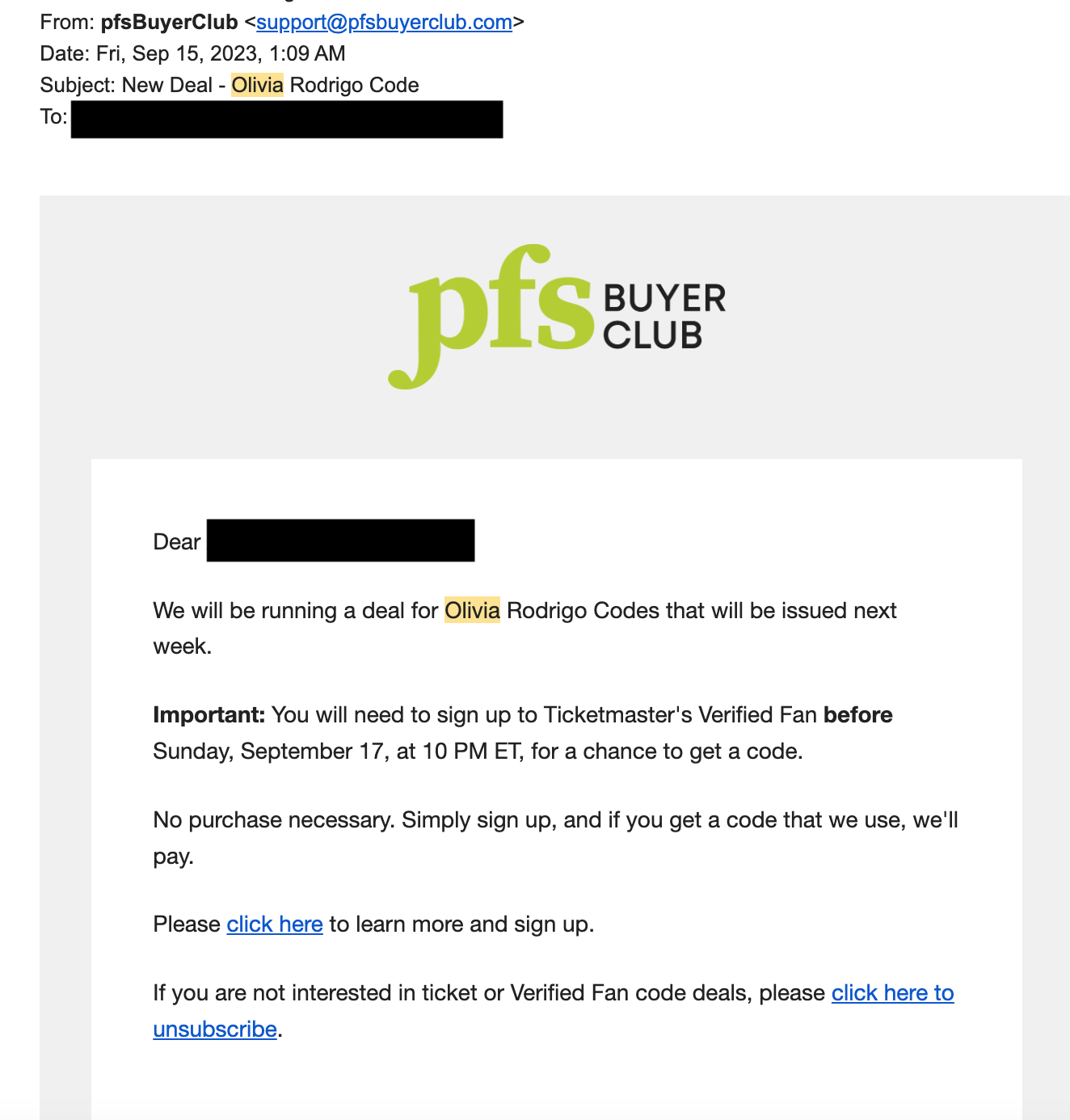 A screenshot of the email PFS sent to its members.
