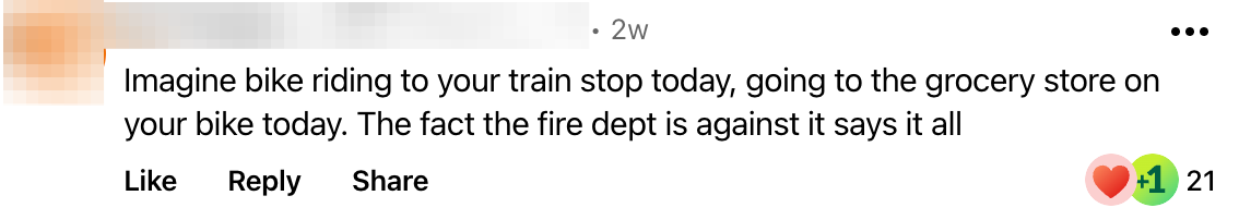 Imagine bike riding to your train stop today, going to the grocery store on your bike today. the fact the fire dept is against it says it all