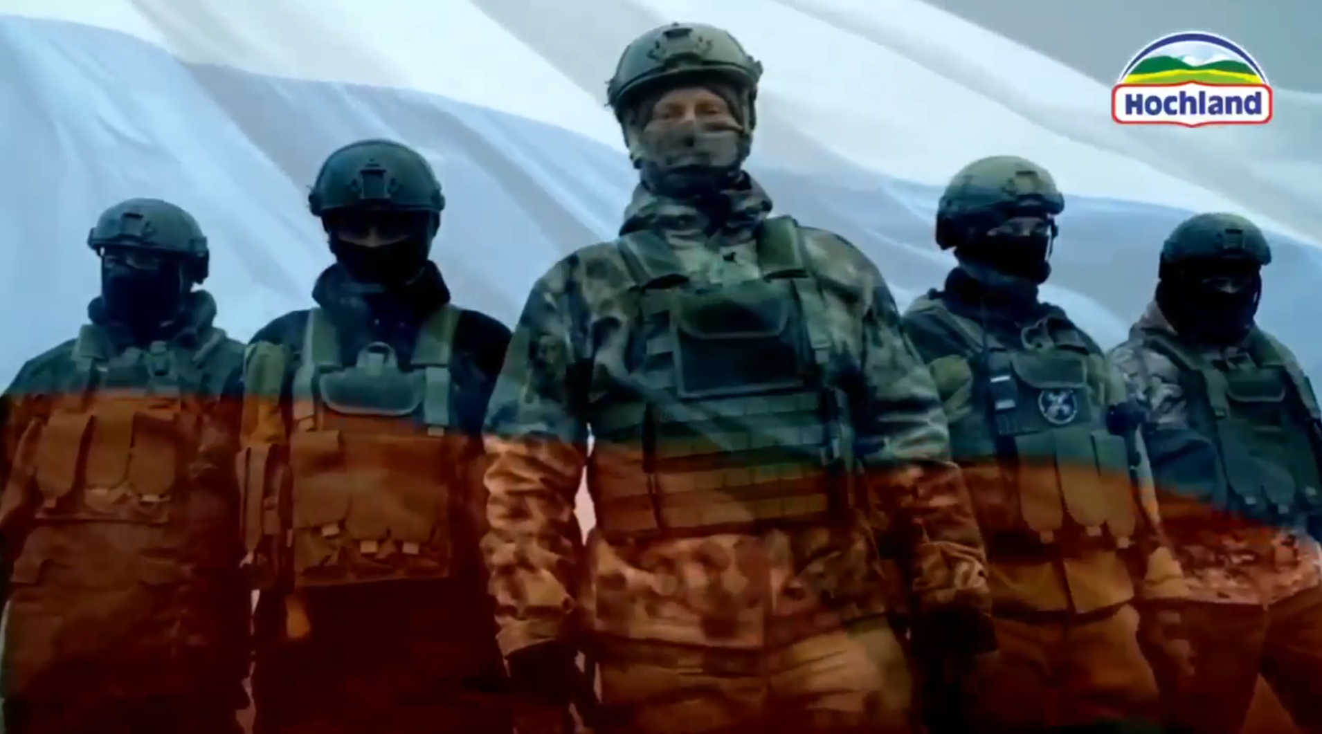An image from a fake video sent to me claiming German cheese company Hochland is sending support to Russian soldiers.