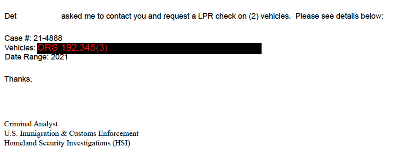 An email showing HSI asking for a license plate lookup from police in Medford, Oregon