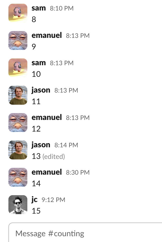 Sam, Emanuel, Jason and Joseph on Slack counting from 8 to 15