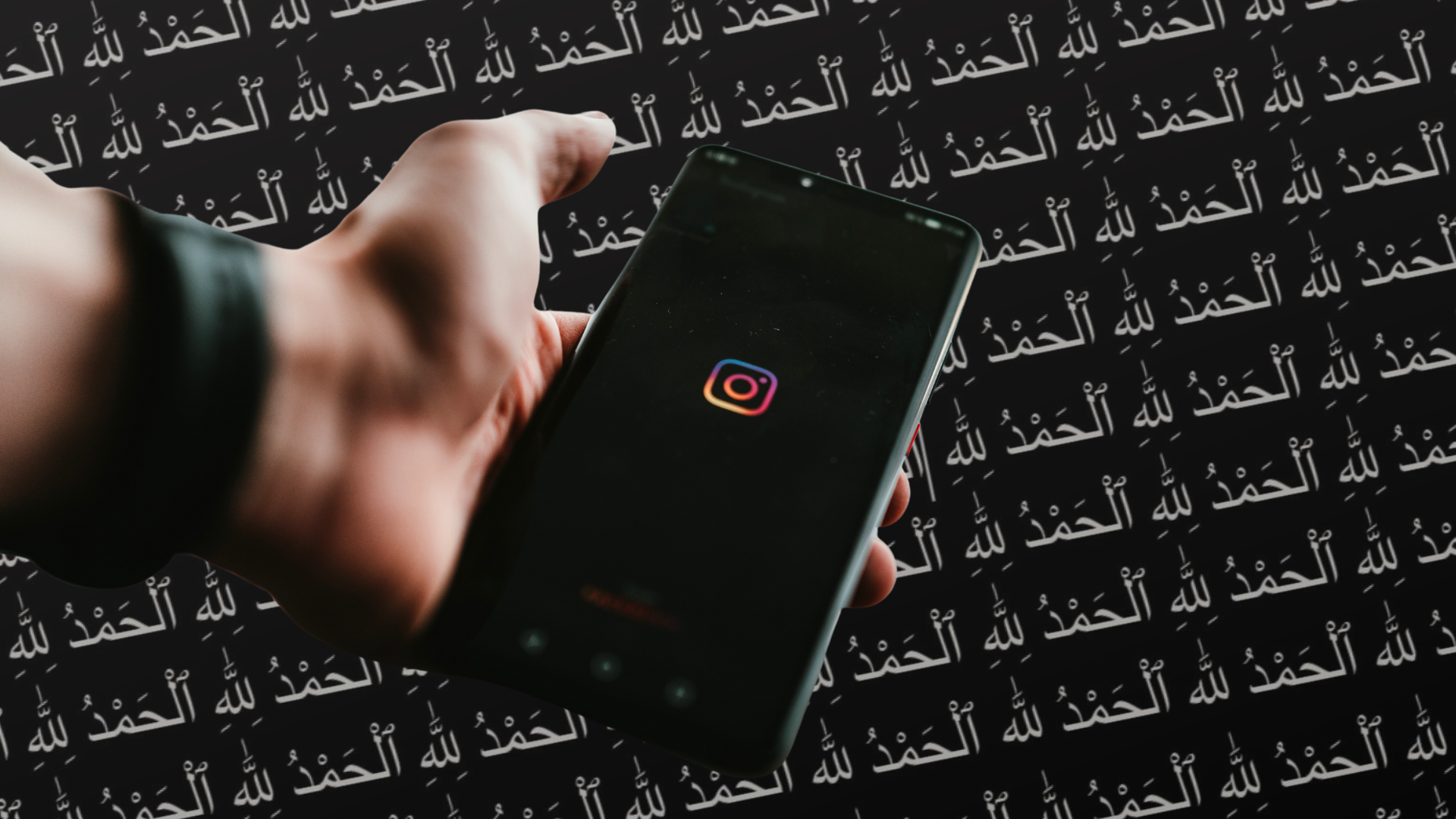 A hand holding a phone with the Instagram logo, over a background of Arabic text that says 