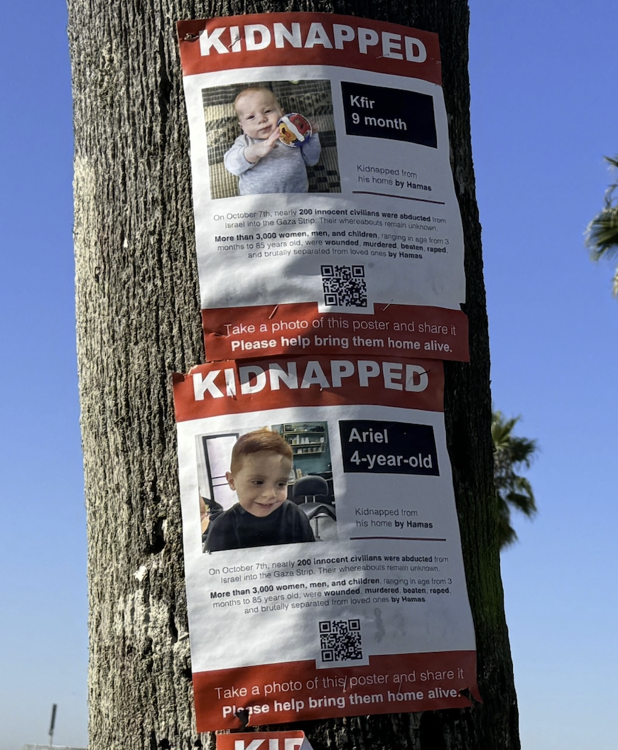 A photo of posters showing Israeli children kidnapped by Hamas.