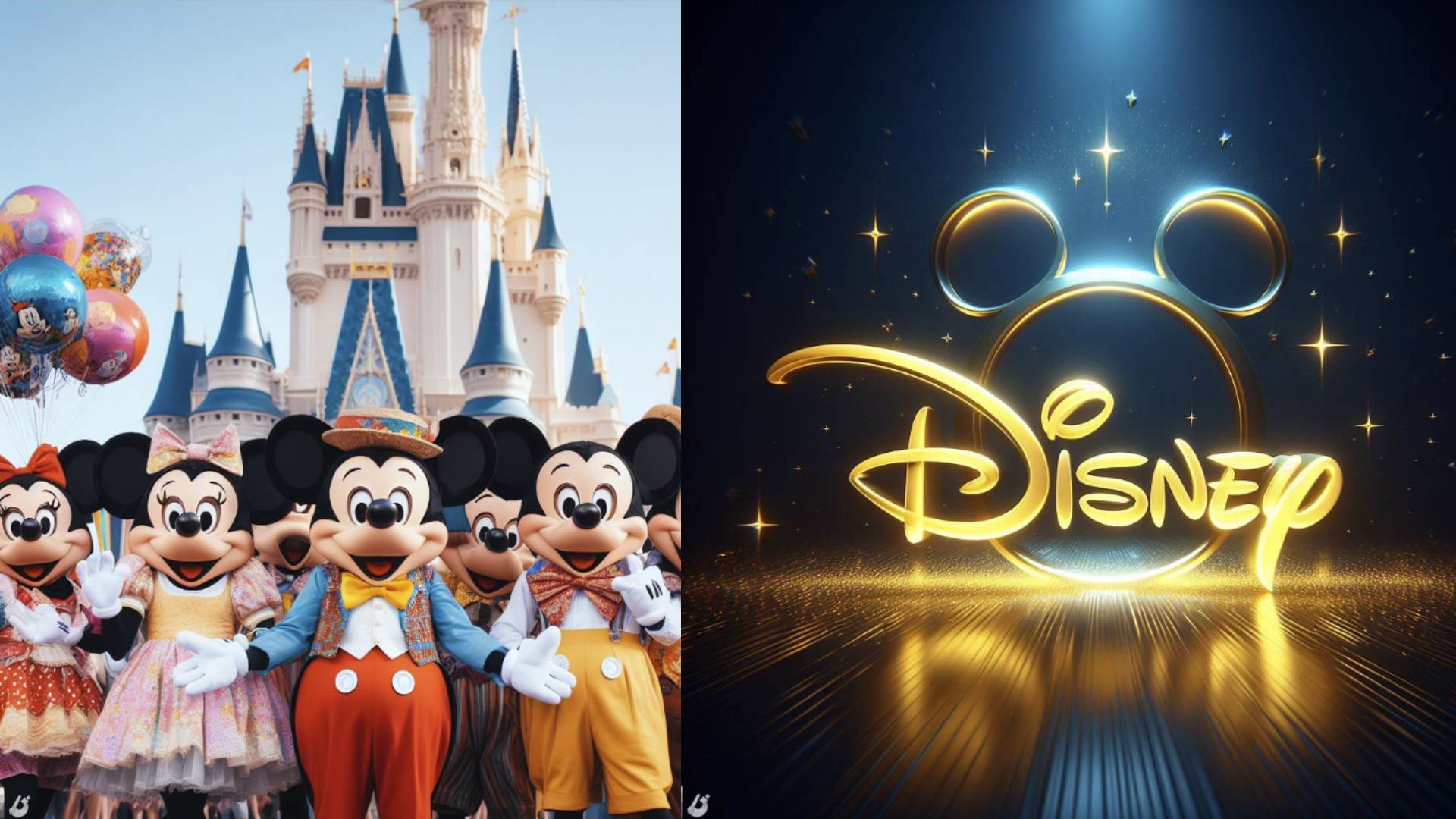Images generated by Bing Image Creator of the Magic Kingdom and a Disney logo.
