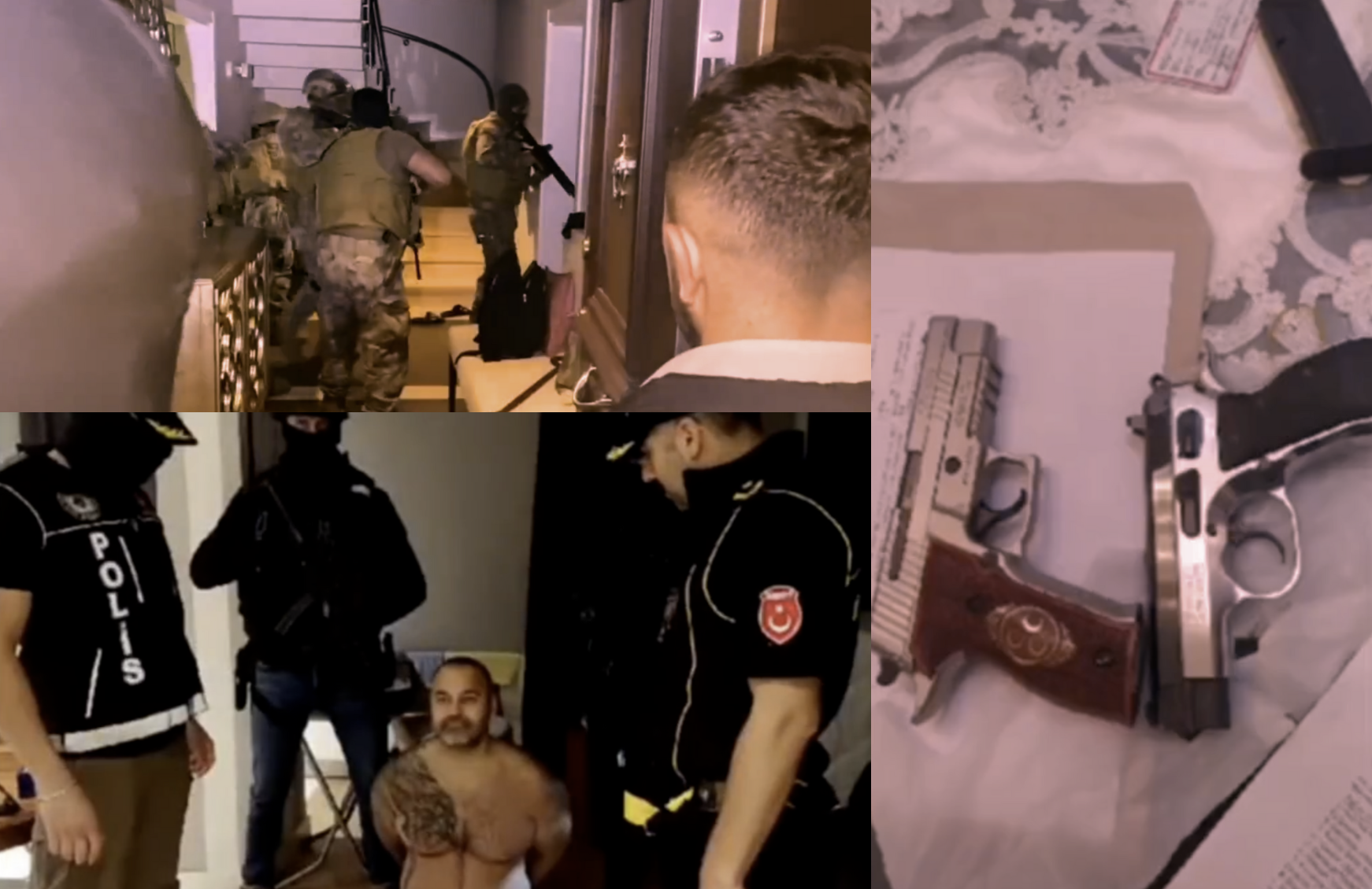 From bottom left, clockwise: Hakan Ayik, police officers, and two handguns.