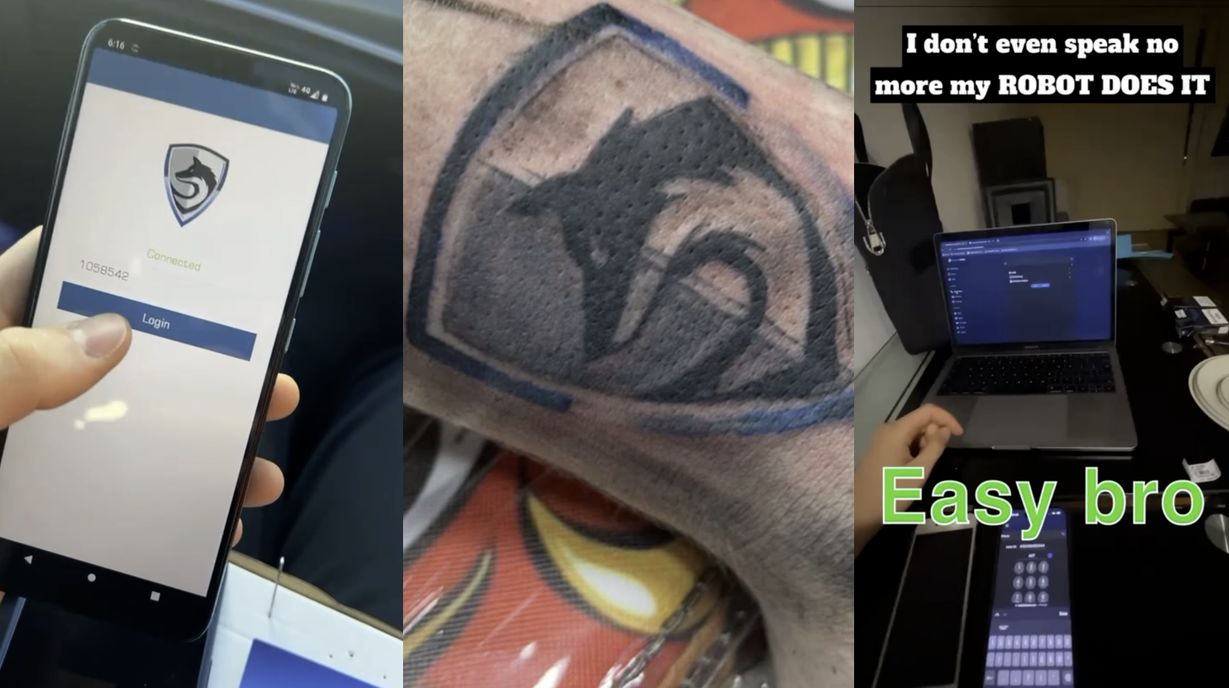 Left to right: a Russiancoms phone, a Russiancoms tattoo, a demonstration of the automation panel.