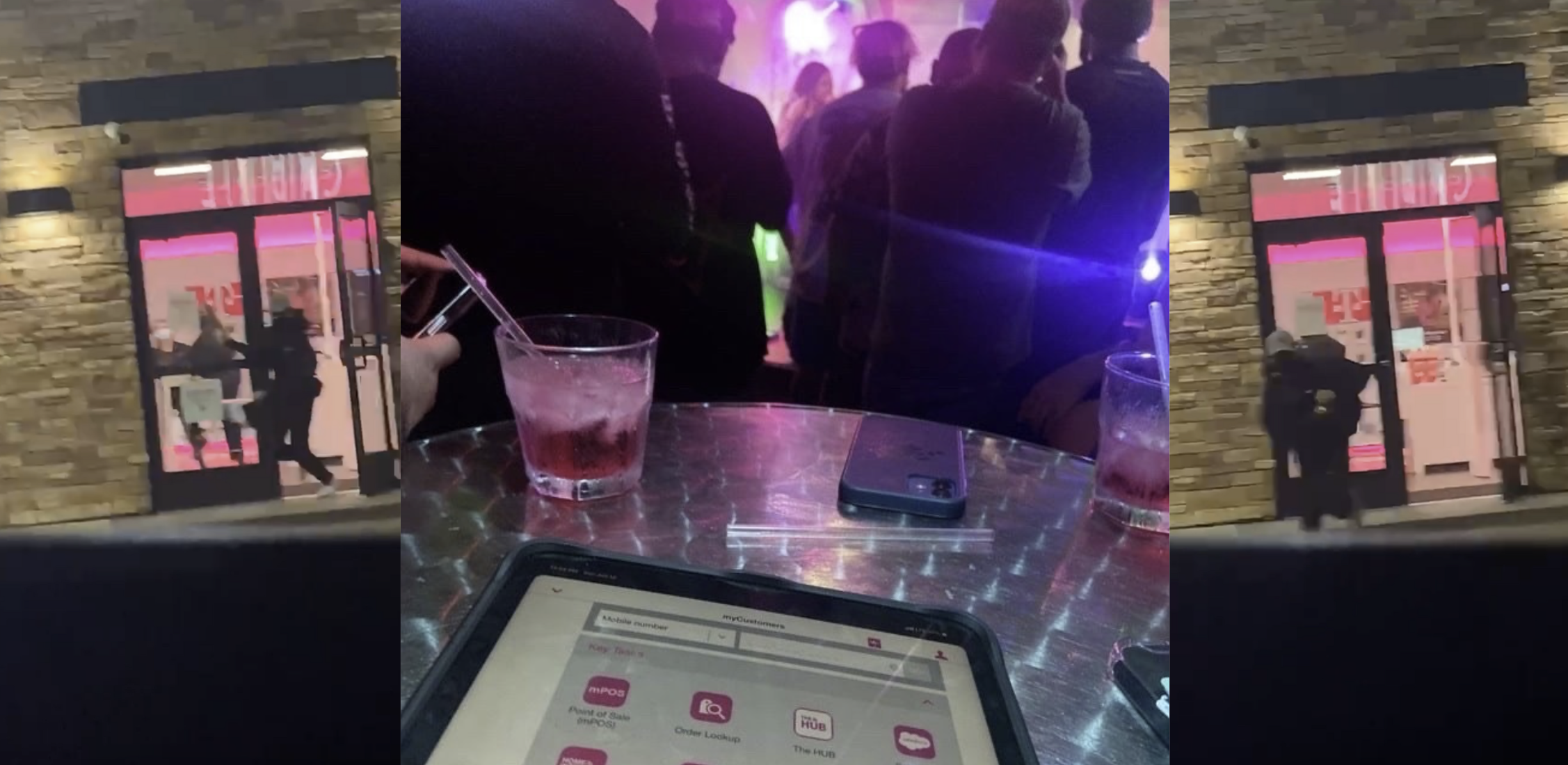 Left to right: a still from the video of someone stealing a tablet; a tablet on a table; another still from the video.