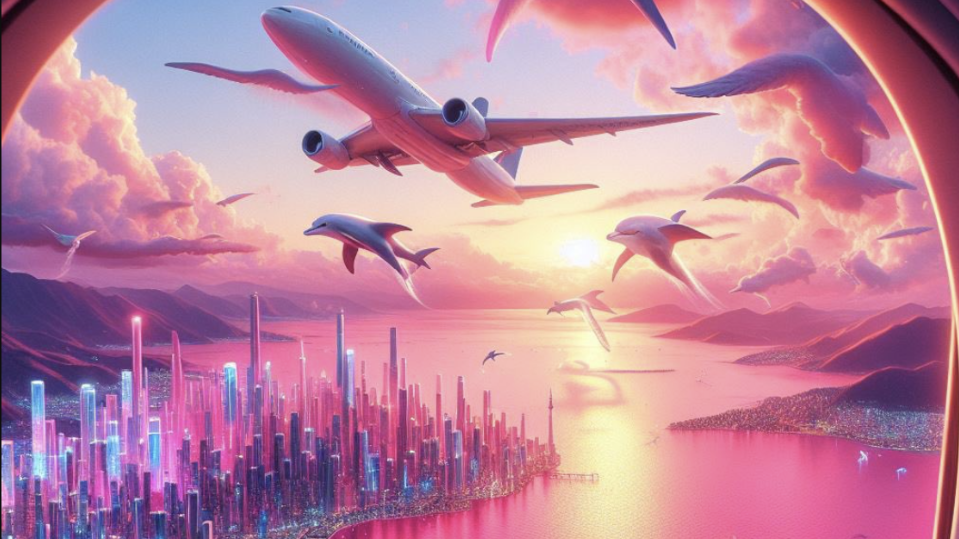 An AI generated image of a pink city seen from a plane window, with airplanes and dolphins flying above. 