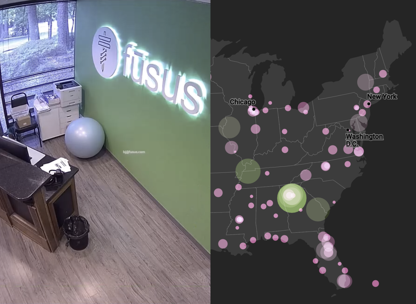 A screenshot from a Fusus training video that is publicly available, and a map made by 404 Media.