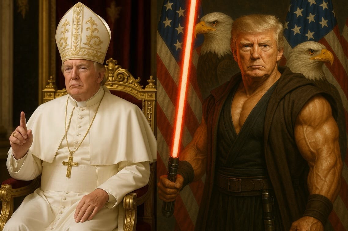 AI generated images of Trump as the Pope and Trump as a muscle-bound Sith lord from Star Wars