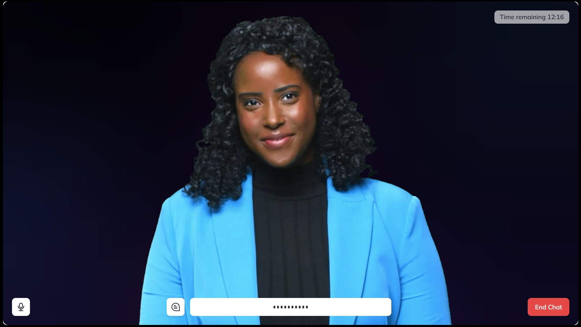 A screenshot of an AI avatar that appears as woman in a blue blazer. It's meant to represent a refugee living in Chad after fleeing violence in Sudan.